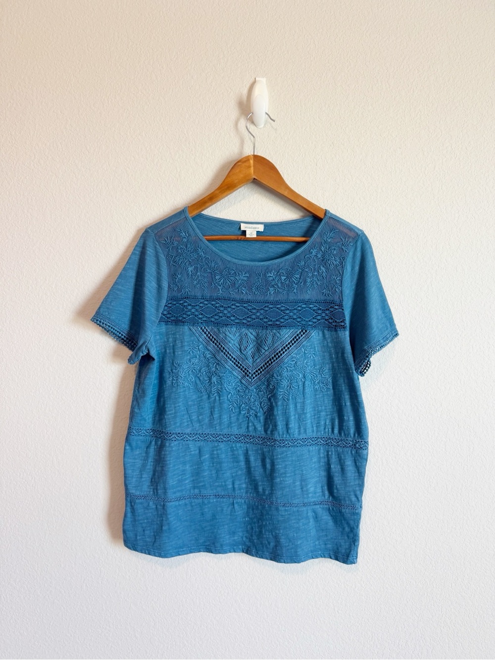 Sundance Sapphire Blue Imogen Lace Embroidered Boho Short Sleeve Tee Size Medium